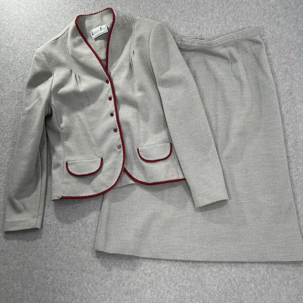 Vintage Leslie Fay Skirt Suit wool gray midi 2 piece womens Large*